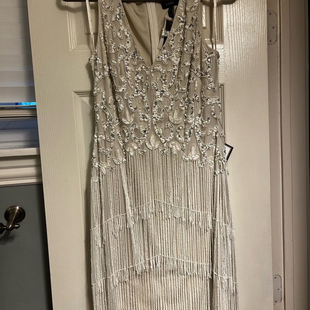 Adrianna Papell Sequined Fringe Mini Dress in Ivory - NWT